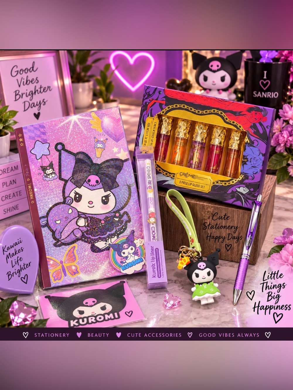Sanrio Kuromi Purple Glitter Stationery & Lip Gloss Gift Set